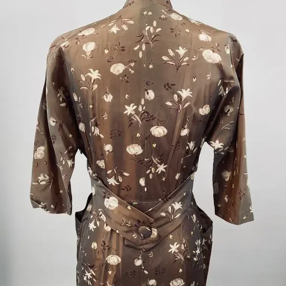 Vintage 40s 50s Floral Satin Sheath Dress V Neck Pockets Cinched Waist Brown 10 - Picture 8 of 12